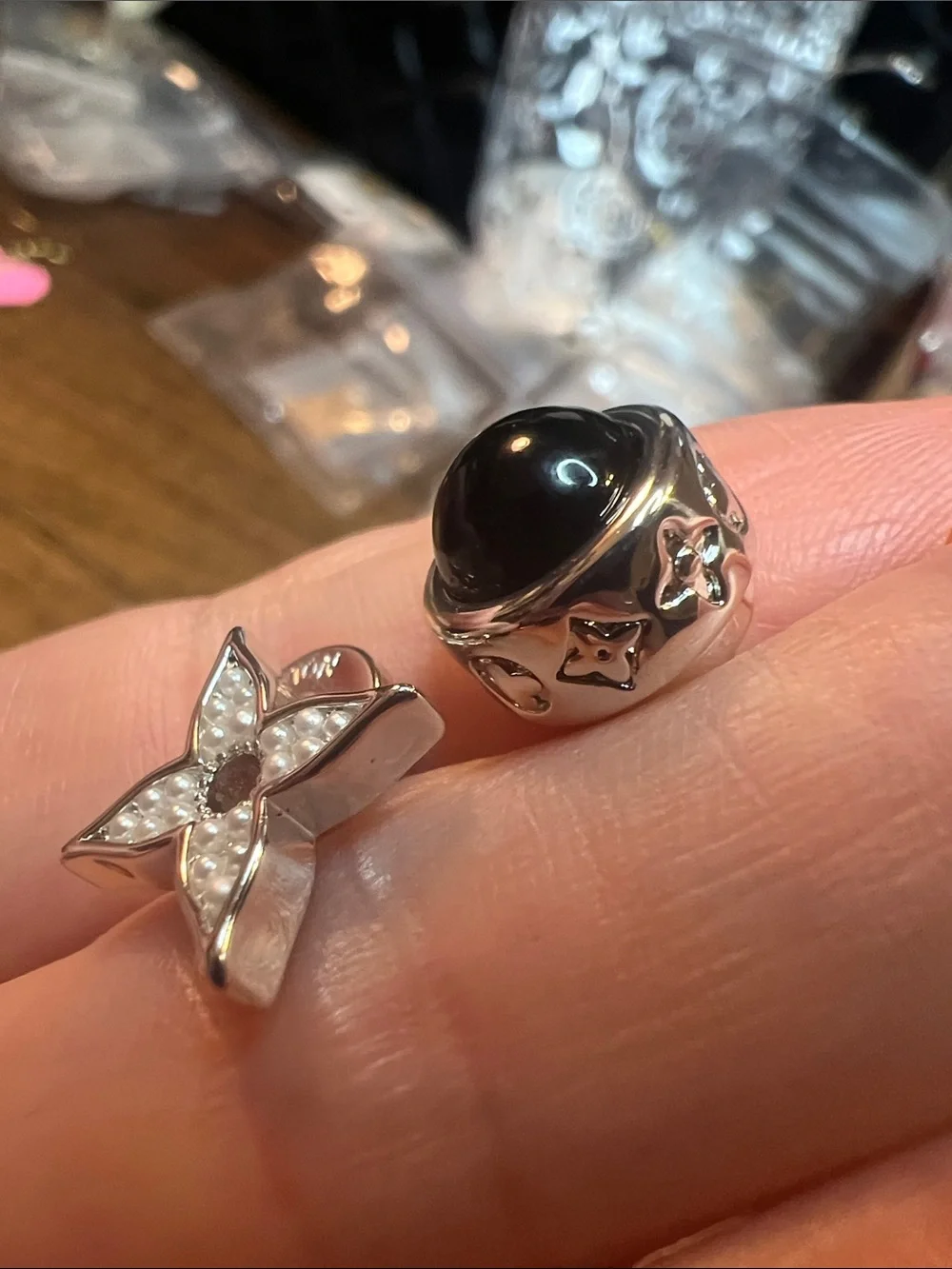 Silver Black/ Silver Pearl Posts Stud Earrings